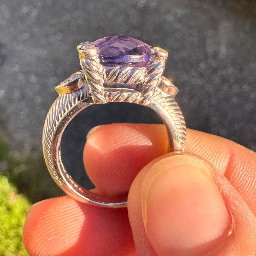 JUDITH RIPKA Sterling Silver Amethyst Ring w Hearts & CZ Size 8 - 925 Vintage - Picture 9 of 14